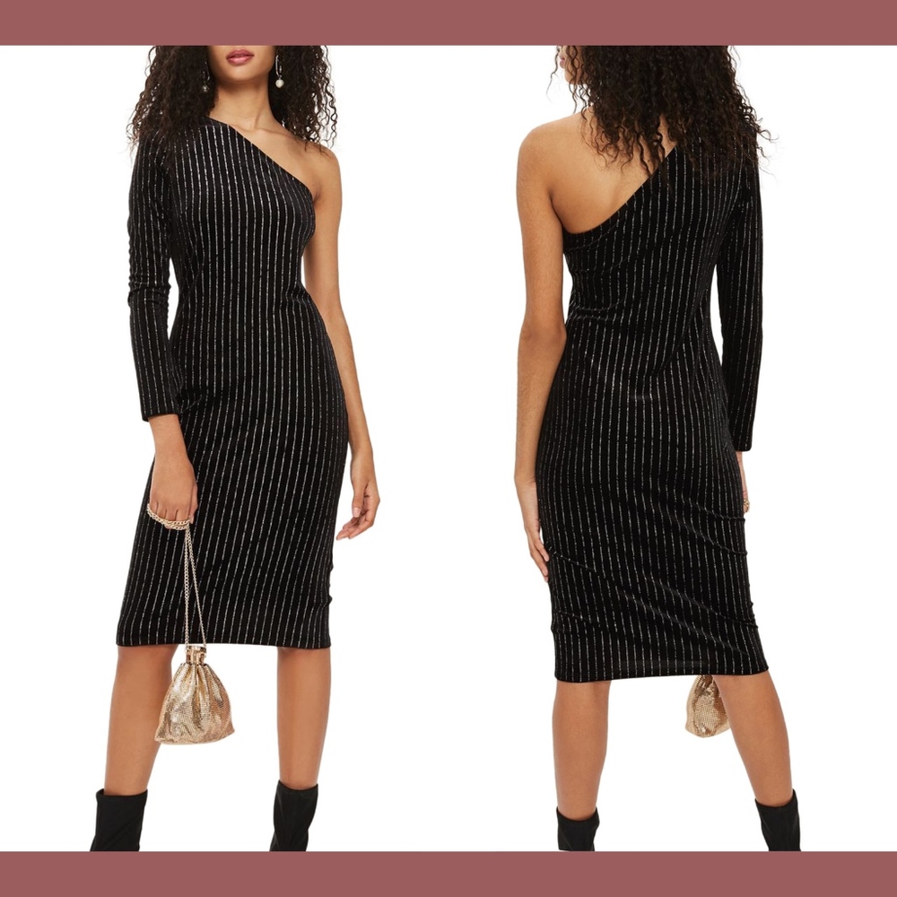 NEW Topshop Glitter Stripe Velvet One-Shoulder‎ Dress Black/Silver [SZ 4 US]